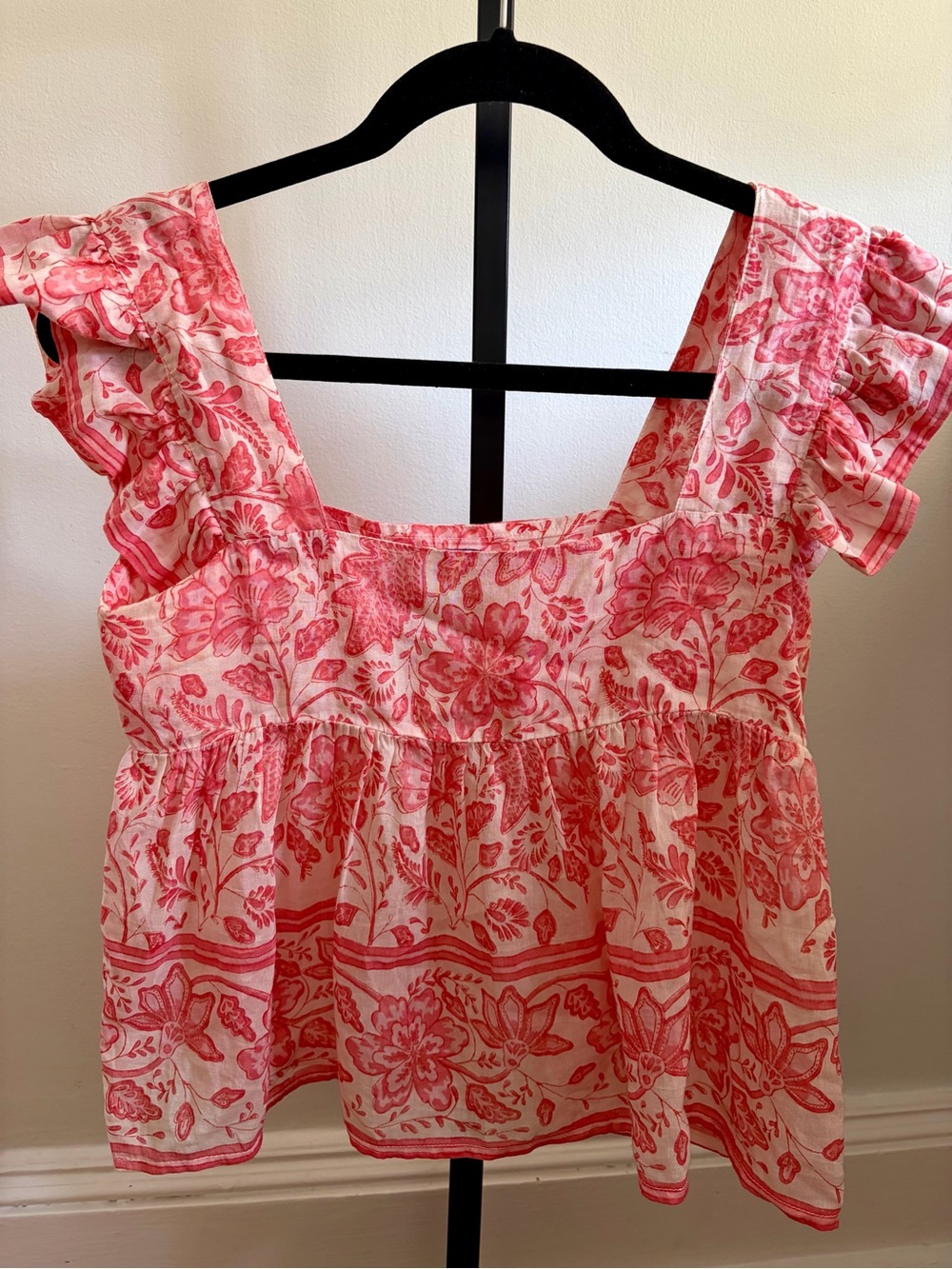 Bell by Alicia Bell Silk Pink Floral Square-Neck Ruffle Cap-Sleeve Top. XS